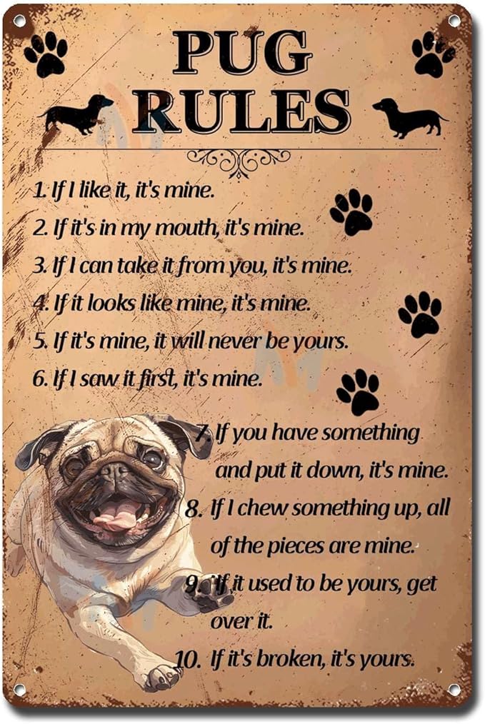 Metal Sign Tin Sign Vintage Wall Art Pug Rules Bar Signs for Home Decor for Room 12×16 Inches