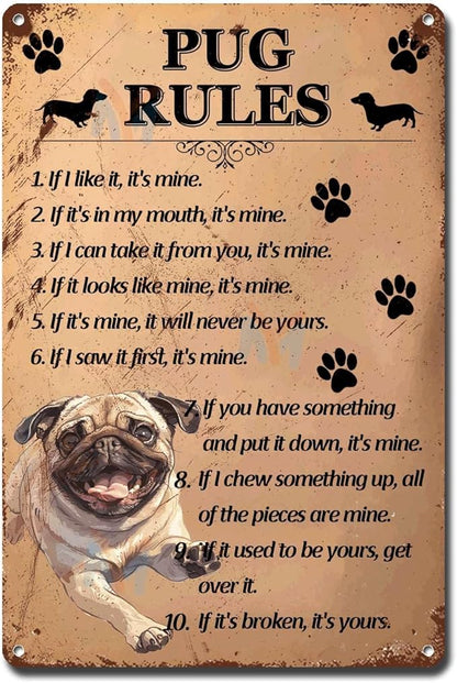 Metal Sign Tin Sign Vintage Wall Art Pug Rules Bar Signs for Home Decor for Room 12×16 Inches