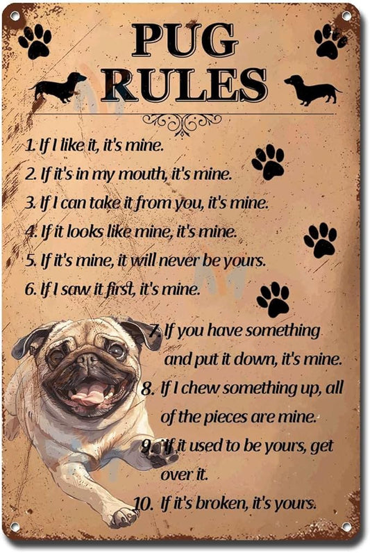 Metal Sign Tin Sign Vintage Wall Art Pug Rules Bar Signs for Home Decor for Room 12×16 Inches