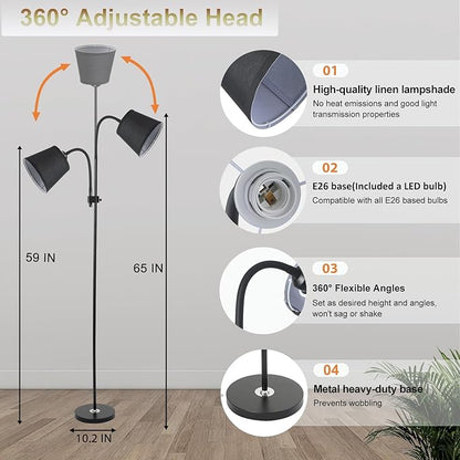 Floor Lamp, Industrial Metal Floor Lamps for Living Room with Adjustable Bendable 2 in 1 Reading Table Lamps for Living Room Bedroom Office (B2+Black)