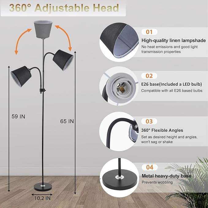 Floor Lamp, Industrial Metal Floor Lamps for Living Room with Adjustable Bendable 2 in 1 Reading Table Lamps for Living Room Bedroom Office (W2+Linen)