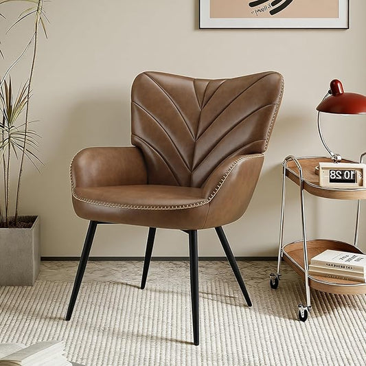 MALOL Modern Mid-Century Faux Leather Accent Chair, Upholstered Armchair with Curved Backrest, Sturdy Metal Base, Living Room, Bedroom & Reading Nook,Brown
