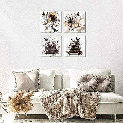 Butterfly Wall Art Black White and Gold Wall Decor Women Bedroom Decor Glam Fashion Pictures Watercolor Flowers Posters Handbag Perfume Paintings Modern Artwork Home Decorations 12x12” 4Pcs