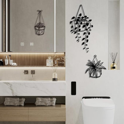 Vineland Metal Wall Art for Bathroom, Set of 3 Botanical Plant Designs, Minimalist Modern Boho Hanging for Home Outdoor Decor (Black)