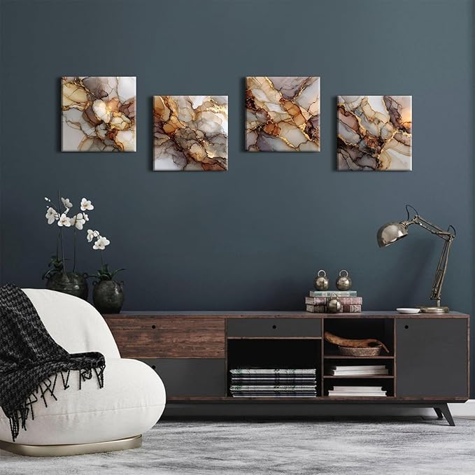 Gold Abstract Canvas Wall Art Marble Paintings Wall Decor Modern Fluid Texture Pictures for Walls Modern Home Decor Luxury Posters for Living Room Bedroom Office Artwork Decorations 12x12” 4 Pcs