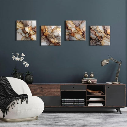 Gold Abstract Canvas Wall Art Marble Paintings Wall Decor Modern Fluid Texture Pictures for Walls Modern Home Decor Luxury Posters for Living Room Bedroom Office Artwork Decorations 12x12” 4 Pcs