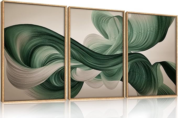KAIRNE Green Abstract Framed Canvas Wall Art Set,Minimalist Green Lines Wall Decor,Modern Flowing Texture Art Prints,Neutral Smokes Waves Artwork for Living Room,Bedroom,Farmhouse,Office-16 x24 x3