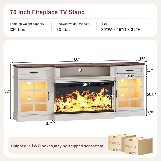 80" TV Stand with 36" Electric Fireplace, Entertainment Center Console Table for TV up to 90'', Fireplace TV Stand with Open Storage Shelves and Glass Door for Living Room, White