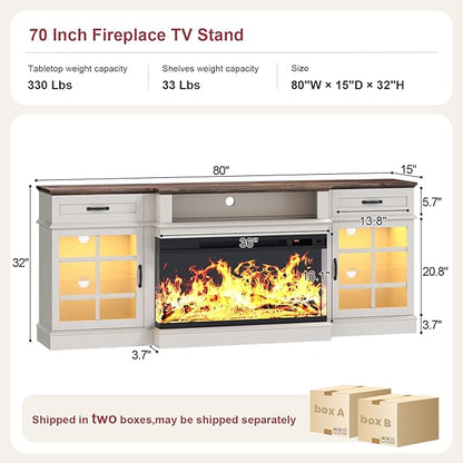 80" TV Stand with 36" Electric Fireplace, Entertainment Center Console Table for TV up to 90'', Fireplace TV Stand with Open Storage Shelves and Glass Door for Living Room, White