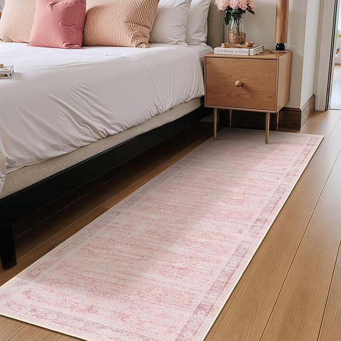 Pink Hallway Runner 2x6, Low Pile Aesthetic Bedside Runner for Bedroom Girls Kids Nursery Dorm, Kitchen Runner Rugs Non Skid Washable, Carpet Runners for Entryway/Foyer/Bedroom/Laundry Room