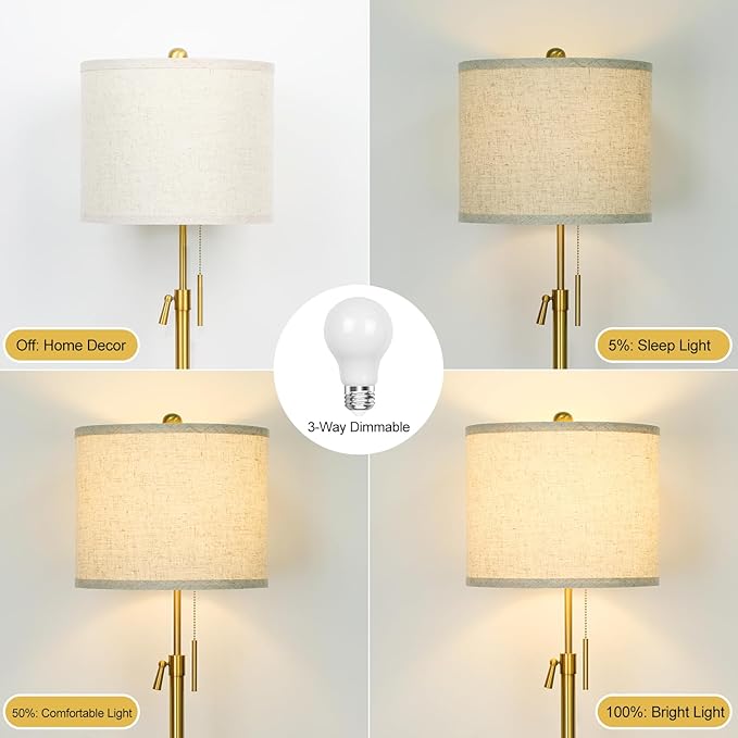 Qingmiao Modern Floor Lamp for Living Room, Adjustable Height Standing Lamp with Marble Base, Gold Tall Pole Light with Linen Shade for Reading Bedroom, Chain Switch, 8W 3-Way Dimmable Bulb Included