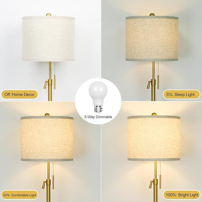 Qingmiao Modern Floor Lamp for Living Room, Adjustable Height Standing Lamp with Marble Base, Gold Tall Pole Light with Linen Shade for Reading Bedroom, Chain Switch, 8W 3-Way Dimmable Bulb Included