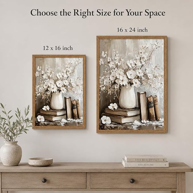 Framed Rustic Books Wall Art Farmhouse Floral Painting Picture Wall Decor Still Life Flowers Poster Print Artwork for Library Gallery Living Room Home Decoration