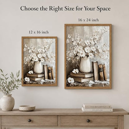 Framed Rustic Books Wall Art Farmhouse Floral Painting Picture Wall Decor Still Life Flowers Poster Print Artwork for Library Gallery Living Room Home Decoration