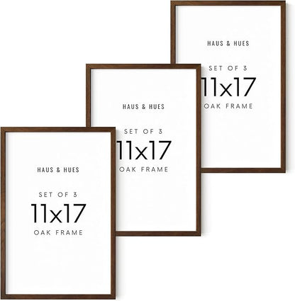 HAUS AND HUES 11x17 Walnut Oak Frame Set of 3 - Wooden Poster Holders, Rustic Gallery Wall Display