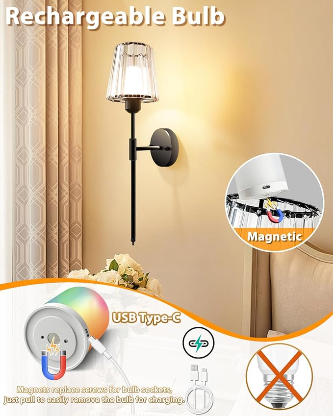 Adetu Crystal Battery Operated Wall Sconce Set of 2, Gold Rechargeable Wall Sconce with 10000mAh Magnetic Bulbs and Remote Control, RGB Dimmable Wireless Battery Wall Lights for Bedroom Living Room