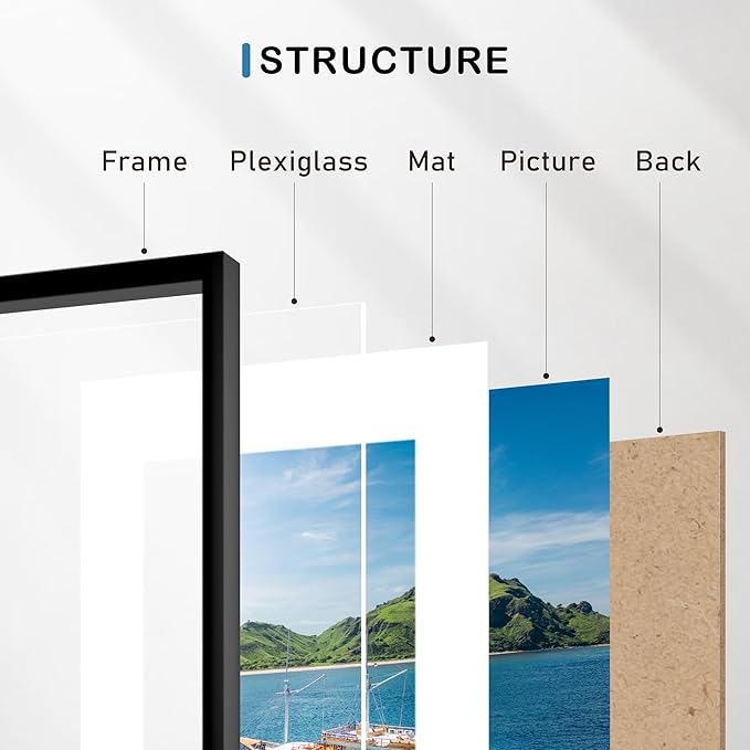 Wiscet 11x17 Picture Frame Set of 9, Display Pictures 8x12 with Mat or 11x17 without Mat, Photo Frame for Horizontal or Vertical Wall Display, Black