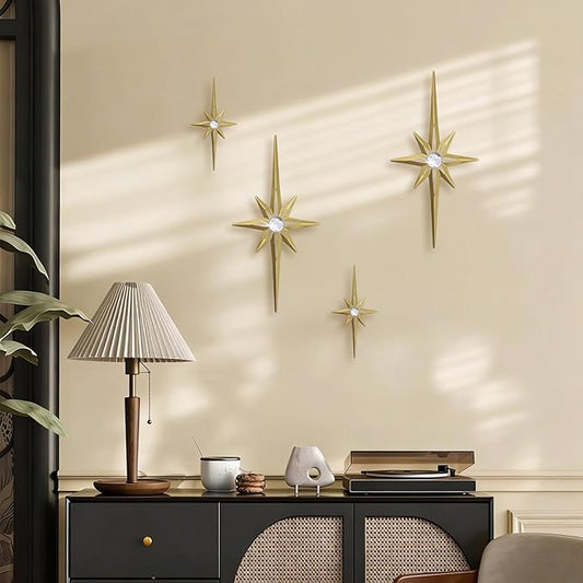 sxnzequnze 4 Pack Metal Star Wall Art 8 Pointed Starburst Wall Decor Set with 2 Large & 2 Small Pieces Mid Century Celestial Metal Wall Sculpture for Bedroom Living Room Office Gallery Wall