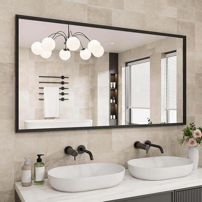 JISOSO Rectangle Bathroom Mirror 55x30 Inch, Matte Black Framed, 4MM Tempered Glass, Anti-Rust, Wall-Mount Vanity Mirror for Bathroom & Bedroom, Hangs Horizontally or Vertically