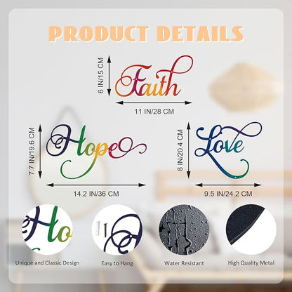 ESTART Faith Hope Love 3 Pieces Metal Wall Decor Inspirational Black Letter Sign Wall Art Rustic Vintage Farmhouse Word Metal Sign Family Wall Decor for Home Bedroom Living Room Office (Colorful)
