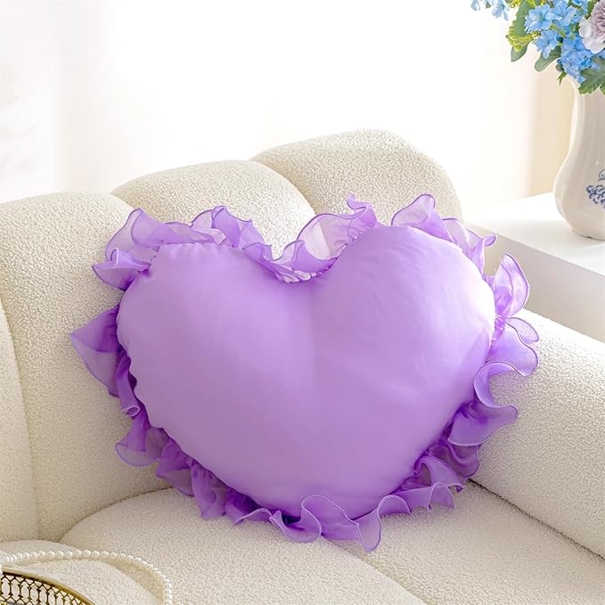 MOJUN Heart Pillow, Soft Heart Shaped Pillow with Ruffles Decorative Throw Pillows for Sofa Bed Chair Cute Room Decor Heart Shaped Throw Pillow Cushion for Floor Living Room Bedroom, Purple