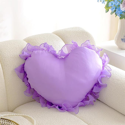 MOJUN Heart Pillow, Soft Heart Shaped Pillow with Ruffles Decorative Throw Pillows for Sofa Bed Chair Cute Room Decor Heart Shaped Throw Pillow Cushion for Floor Living Room Bedroom, Purple