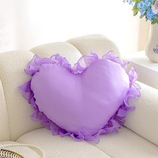 MOJUN Heart Pillow, Soft Heart Shaped Pillow with Ruffles Decorative Throw Pillows for Sofa Bed Chair Cute Room Decor Heart Shaped Throw Pillow Cushion for Floor Living Room Bedroom, Purple