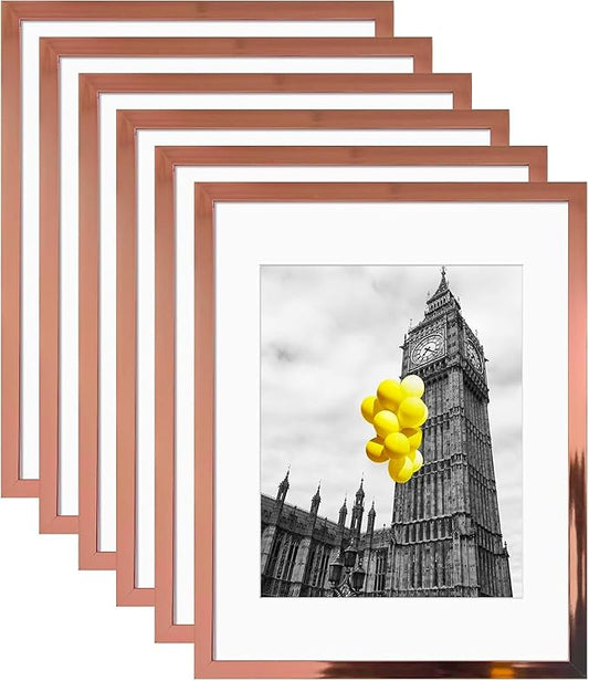 Picture Frames 11x14 Set of 6, Distressed rose gold Photo Frame, Display Pictures 8x10 with Mat or 11x14 Without Mat, Washed Farmhouse Frame