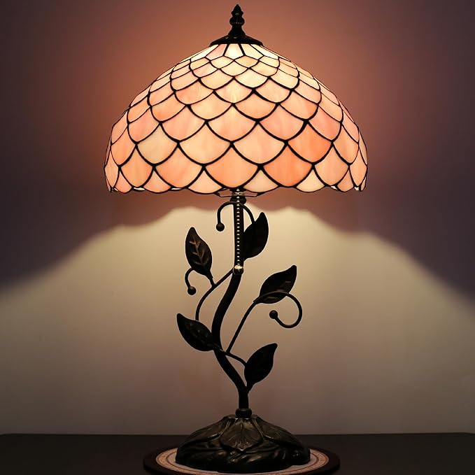 Tiffany Lamp Stained Glass Style Table Lamp Pink Fishscale Style Bedside Desk Reading Light W12H19 Inch Metal Leaf Base with Metal Leaf Base