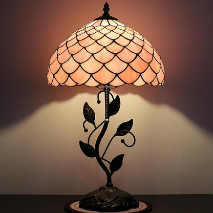 Tiffany Lamp Stained Glass Style Table Lamp Pink Fishscale Style Bedside Desk Reading Light W12H19 Inch Metal Leaf Base with Metal Leaf Base