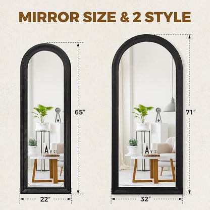 Arched Full Length Mirror 71"x32" - Rustic Black Solid Wood Wall Mirror, Oversized Leaning or Mounted Design for Bedroom, Entryway, Living Room Décor