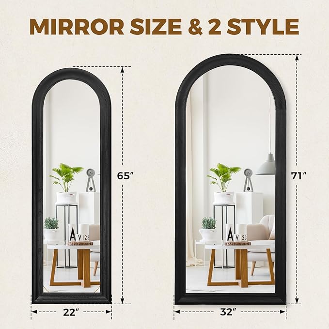 Arched Full Length Mirror 71"x32" - Rustic Black Solid Wood Wall Mirror, Oversized Leaning or Mounted Design for Bedroom, Entryway, Living Room Décor
