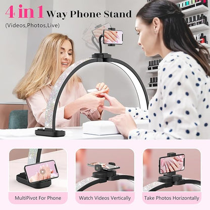 Half Moon Manicure Table Light: 31-inch Half Moon Light For Nail Desk With Phone Holder - AB Crystal Nail Tech Lamp For Beginner DIY - 48W Professional Nails Bright Desk Lamp for Salon,Lash,Tattoo
