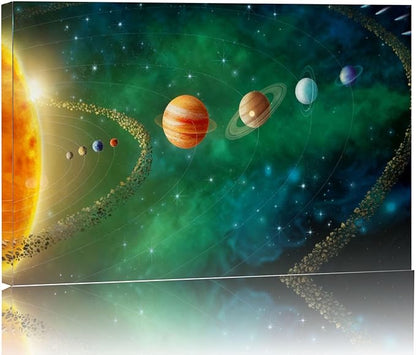 12x16 Framed Solar System Space Canvas Wall Art Green Galaxy Planets Astronomical Decor Kids Bedroom Cosmic Wall Pictures Teen Boy Room Universe Galaxy Poster Child Office Study Room Art Prints