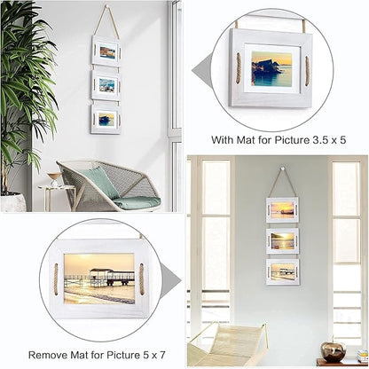 DLQuarts 5x7 Hanging Picture Frames Collage Wall Decor, 3-Opening Photo Frame 5x7 Without Mat & 3.5x5 with Mat, Rustic Wood 3-Frame, Vintage White