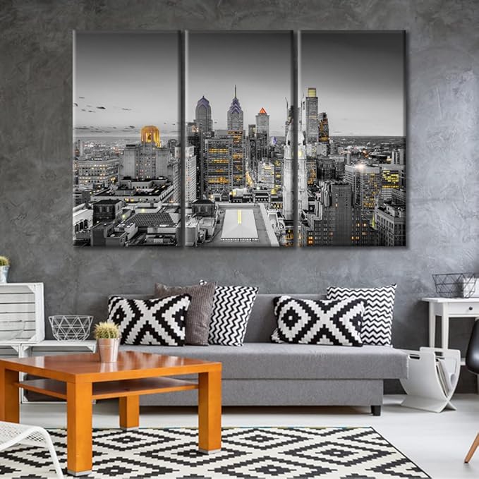 American Cityscape Canvas Wall Art City Skyline Wall Decor Living Room Philadelphia Pennsylvania Skyscrapers Pictures Wall Decor for Bedroom Posters and Prints Framed Ready to Hang (42"Wx28"H)