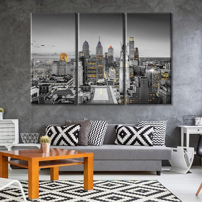 American Cityscape Canvas Wall Art City Skyline Wall Decor Living Room Philadelphia Pennsylvania Skyscrapers Pictures Wall Decor for Bedroom Posters and Prints Framed Ready to Hang (42"Wx28"H)