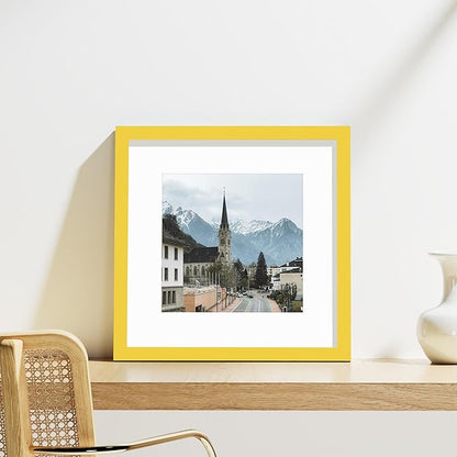 Vittanly 12x12 Picture Frames Set of 9, Shatter Resistant Plexiglass, Display 8x8 Pictures with Mat or 12x12 without Mat, Photo Frames for Wall Mount, Engineered Wood, Yellow