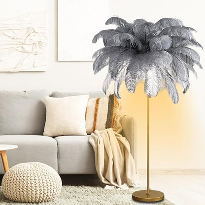 Feather Floor Lamp,Fluffy Ostrich Feather Floor Lamp for Bedroom,3 Color Temperatures Led Corner Modern Floor Lamps for Living Room Christmas Home Decor House Warming Gifts,63″ Height (Grey)