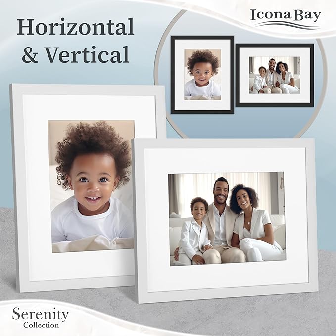 Icona Bay 8x10 Picture Frames w/Removable Mat for 5x7 Photos (White, 10 Pack), Sleek Modern Style Frames, Table Top or Wall Mount, Serenity Collection