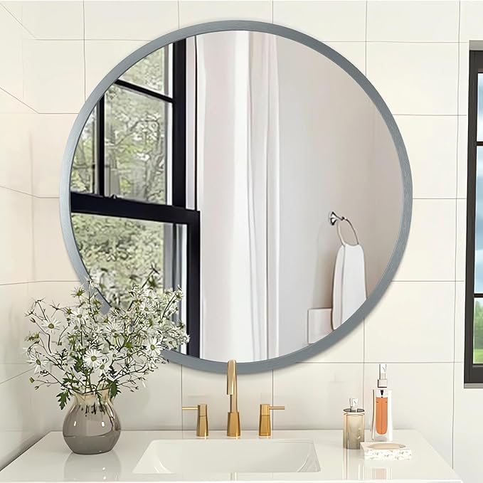 Bathroom Mirror for Wall Mirrors for Wall Metal Framed Round Hanging Mirror Matte Deep Grey Small Mirror Modern Tempered Glass for Restroom Hanging Deep Grey