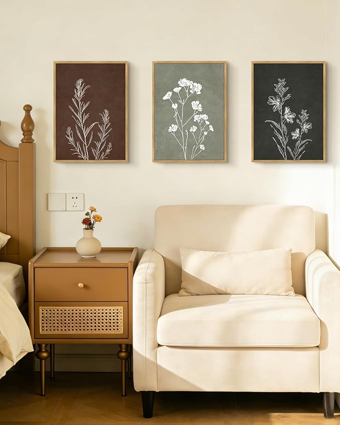 Drsoum Vintage Boho Flower Wall Art Framed Retro Botanical Floral Wall Prints Wildflower Neutral Rustic Bohemain Artwork Kitchen Bedroom Ready to Hang 11x14in Natural Framed