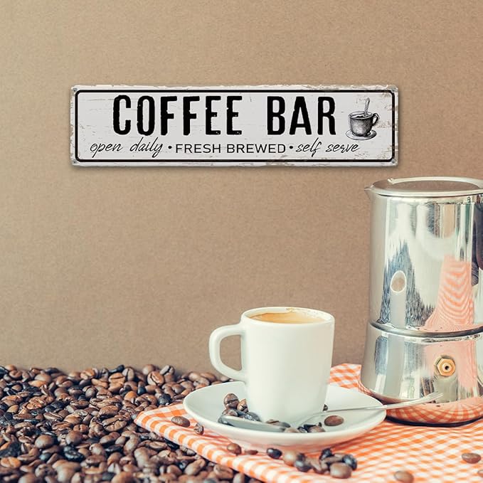 Coffee Bar Open Daily Sign, Retro Metal Tin Sign, Rustic Farmhouse Wall Decor, Coffee Bar Signs for Wall, Vintage Home Decor for Kitchen, Coffees Station Decors, Cafe Decors, 15.8x4 Inches