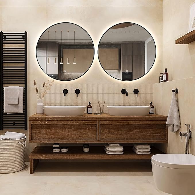 Niccy 36" LED Backlit Round Mirror for Bathroom, Black Framed Vanity Light Wall Mirror, LED Smart Circle Mirrors with 3 Lighting Colors, Round Lighted Mirror with Anti-Fog, IP65 Waterproof