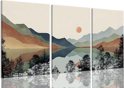 Bwodke Canvas Wall Art Framed Mountain Wall Art Set of 3 Boho Watercolor Nature Landscape Picture Decor Sun Forest Abstract Prints Artwork Painting for Living Room Bedroom Office 16"x24"
