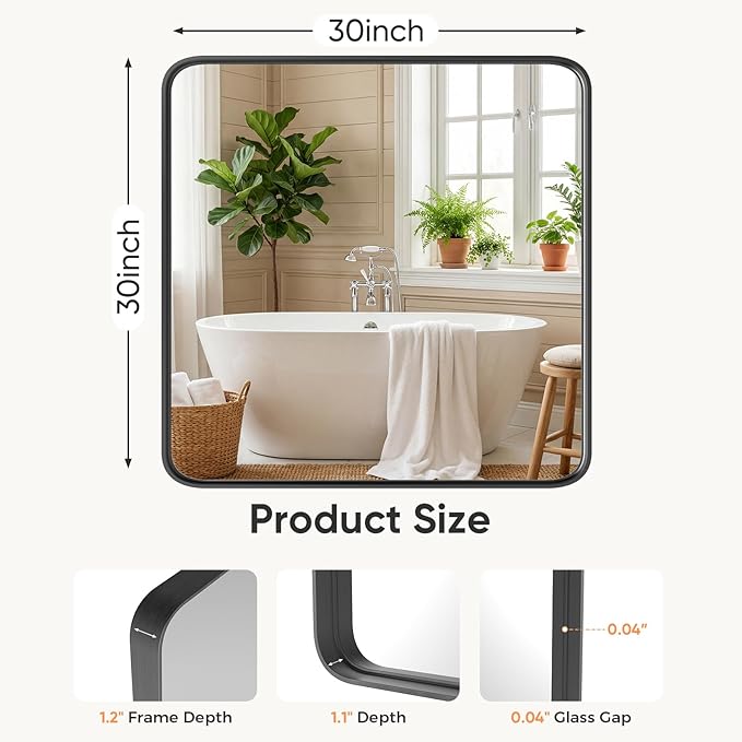 NEWBULIG 30"x30" Black Wall Mirror, Bathroom Mirrors for Over Sink, Matte Metal Framed Vanity Mirror with Tempered Glass, Entryway, Living Room, Bedroom