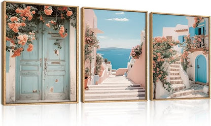 KAIRNE Italy Amalfi Coast Cityscape Framed Canvas Wall Art Set,Neutral Italian Mediterranean Wall Decor,Greece Island Landscape Wall Painting,Florida Beach Artwork for Living Room,Bedroom-12 x16 x3
