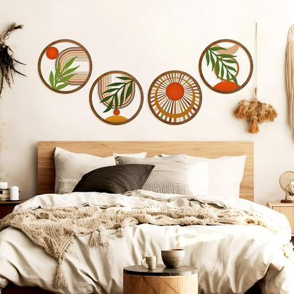 Zzbakress 4 Pcs Boho Wall Decor Rustic Wooden Hollow Bobo Wall Art Bohemian Bedroom Decor 10 inch Farmhouse Wall Hanging Decor Boho Minimalist Wall Art for Bedroom Living Room (Rustic, 4)