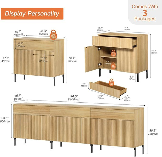 WAMPAT Fluted TV Stand TVs up to 100 inch, 94.5" W Modern TV Entertainment Center with Storage Cabinets and 3 Drawers & 6 Doors, Wood Media TV Console Table with Storage for Living Room, Oak