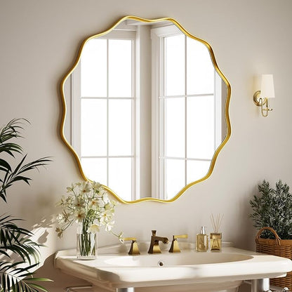 Round Wavy Mirror 36 Inch Bathroom Vanity Mirror Metal Frame Circle Wall Mounted Mirror for Bedroom Living Room Entryway Gold